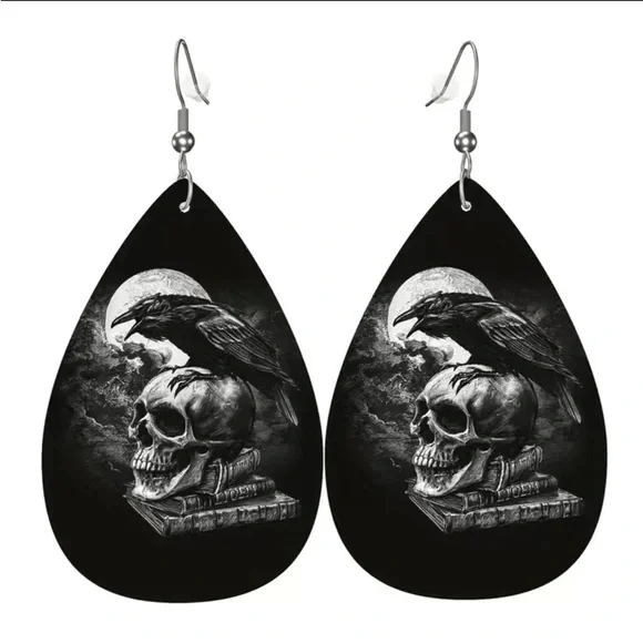 Evermore the raven skeleton crow poe book earrings - Picture 2 of 4